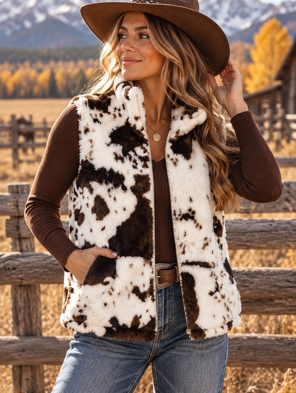 Cow Print Plush Zip-Up Vest Faux Fur SHEIN Large